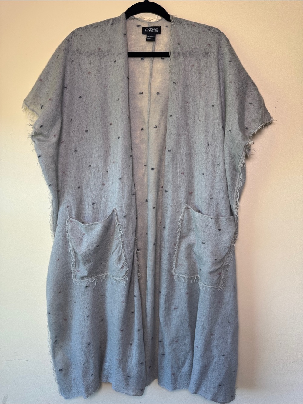 OZKA Cashmere House 100% Cashmere Gray Open Duster Cardigan Patch Pockets M/L